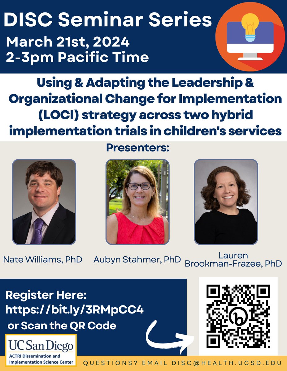 We are thrilled to announce our upcoming events for March! 🧩Adaptation, Fidelity & Tailoring Workgroup Meeting 3/11/24 9-10 AM PT Register here: bit.ly/3PXpIEu 💡DISC Seminar co-hosted with @UCSDALACRITY 3/21/24 2-3 pm PT Register here: bit.ly/3RMpCC4