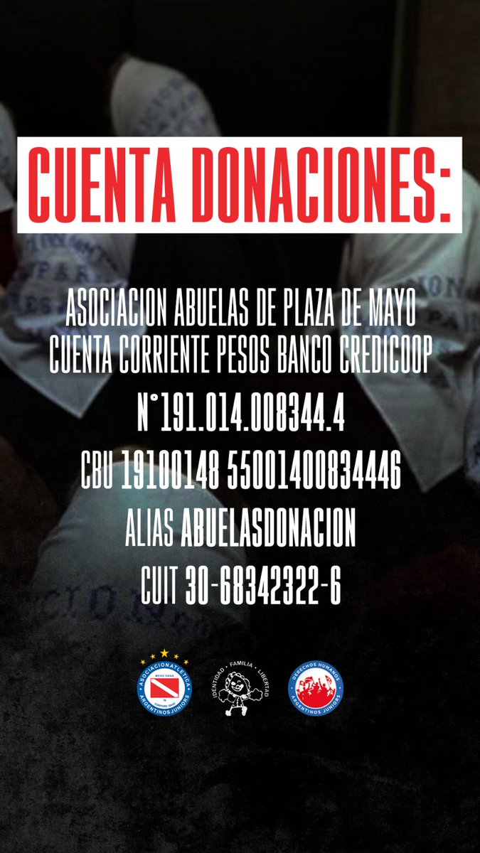 #AAAJ 🐞

Nos sumamos a la campaña de donaciones de <a href="/abuelasdifusion/">Abuelas de Plaza de Mayo</a>

En Argentina aún falta encontrar a 300 personas apropiadas y privadas de su identidad durante la última dictadura.
Hagamos nuestro aporte.

No te quedes con la duda.

<a href="/aaajoficial/">Argentinos Juniors</a>