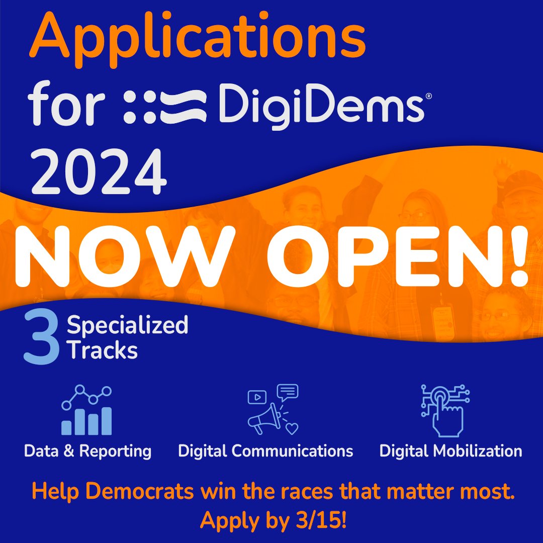 Our @DigiDems team just launched its 2024 Electoral Program! From Data to Digital Comms to Mobilization, there's a track for anyone looking to make an impact on Democratic campaigns. Apply now or share within your network! hubs.la/Q02mLXZw0 #DigiDems2024