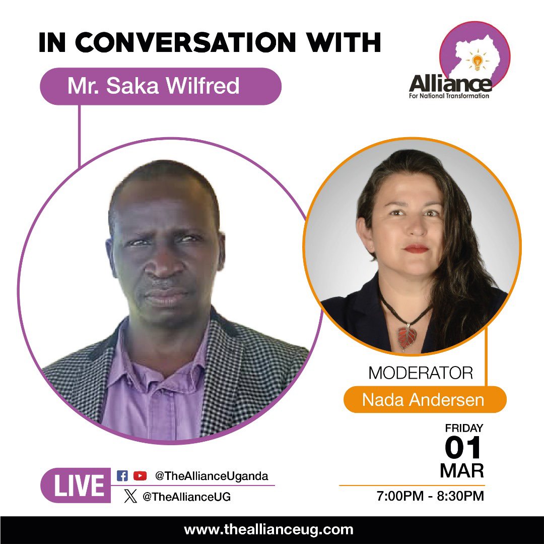 Tomorrow Friday 1st March 2024 in our #Inconversationwith series @NadaAndersen will be having a Conversation with Mr. Saka Wilfred the Chairperson LCV of Terego District on our Party ticket from 7pm - 8:00Pm. This conversation will stream live on our Party Platforms. Do not Miss!