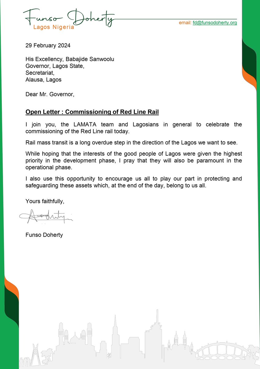 Attached is my message to the Governor, LASG and Lagosians in general on today’s commissioning of the Red Line rail.