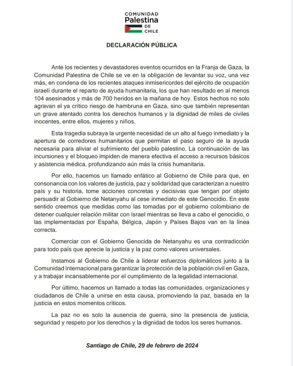 Declaración pública sobre la masacre a población palestina que buscaba ayuda alimentaria en Gaza. 

#Comunidadpalestina #Gaza #Gazagenocide #Comunicadodeprensa #declaraciónpública