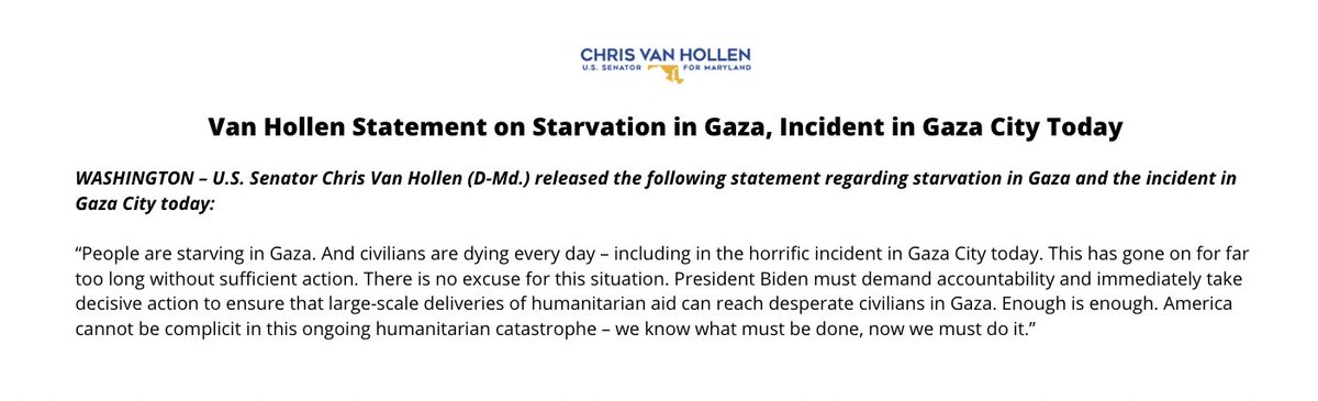 People in Gaza are starving. And civilians are dying every day—including in today's horrible incident in Gaza City. ENOUGH. @POTUS must demand accountability & ensure that large scale deliveries of aid can reach desperate civilians NOW. We cannot be complicit in this catastrophe: