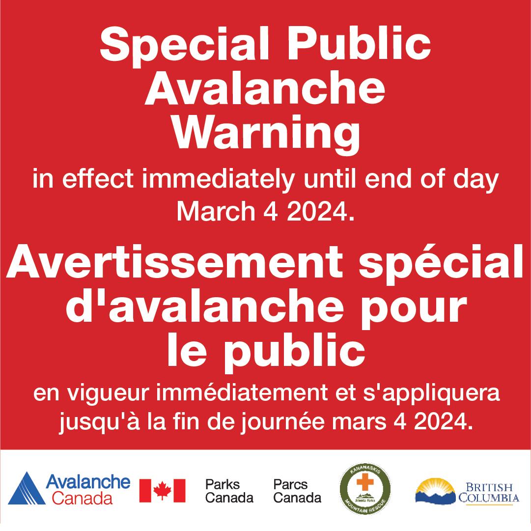 pnBanff's tweet photo. ❗️ ATTENTION: Un avertissement spécial d’avalanche est émis dans la majorité des zones de prévisions de la Colombie-Britannique et de l’Alberta.⚠️Cet avertissement entre en vigueur immédiatement et s'appliquera jusqu'à la fin de la journée du lundi 4 mars. https://t.co/DJagOCC9Jk https://t.co/u2rc1sU4hx