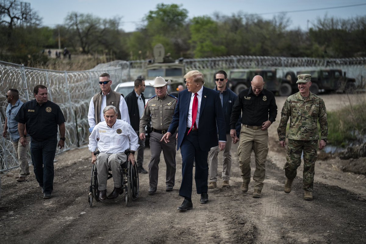 Republican presidential candidate former President @realDonaldTrump speaks with with Texas Gov. Greg Abbott during a tour of the U.S.-Mexico border at Shelby Park in Eagle Pass, TX on Thursday, Feb 29, 2024.