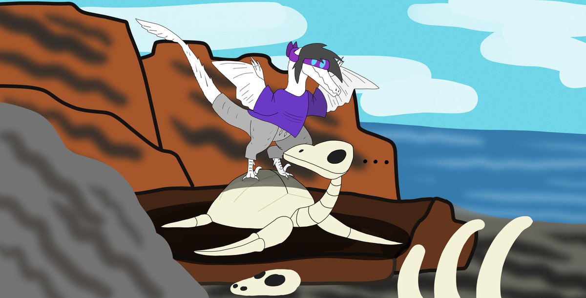 A surprise birthday gift for my good friend @MegaMaliit. I drew his OC as a dinosaur caricature (dromaeosaurid) meeting one of his favorite kaiju, the skeletal turtle from Mothra vs. Godzilla (1964). Happy birthday Megamaliit.
#birthday #Kaiju #dinosaurs