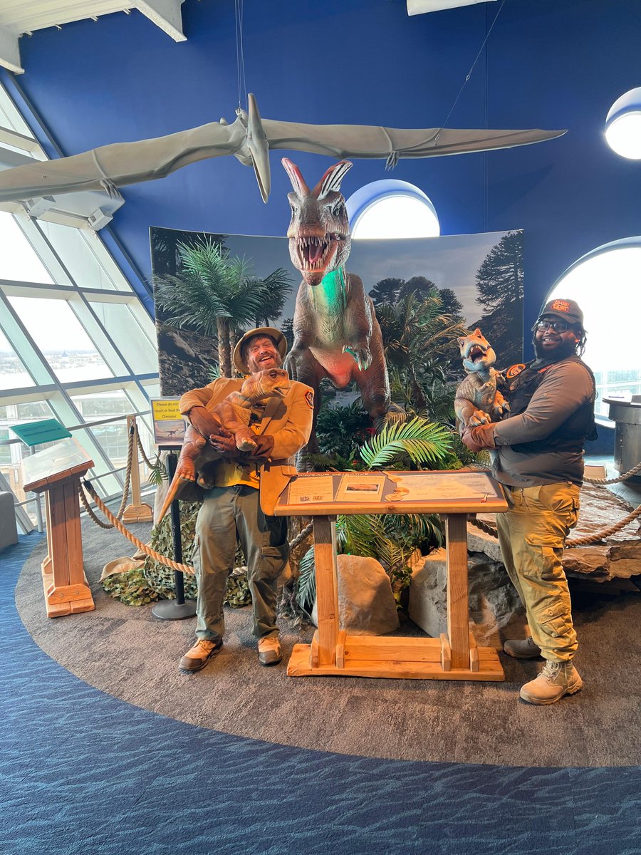Jurassic_Quest's tweet photo. Prehistoric Nick and Dino Trainer Suave had the best time at the Connecticut Science Center in Hartford, CT, along with Cammie the Camarasaurus and Tyson the baby T. rex! https://t.co/tcdwBPpAx3