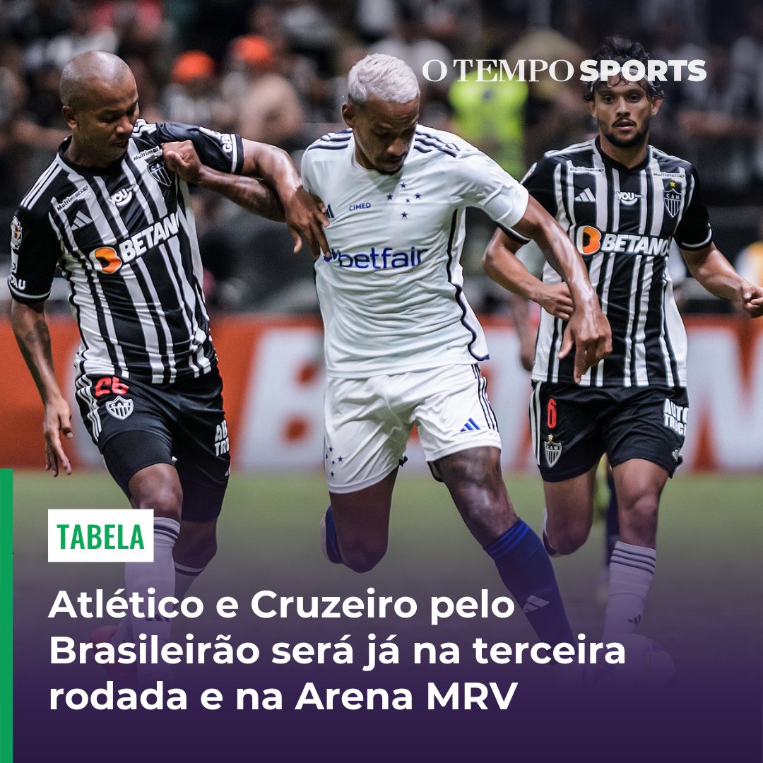 otempo's tweet photo. A Confederação Brasileira de Futebol (CBF) divulgou a tabela básica do Campeonato Brasileiro 2024. O clássico Atlético e Cruzeiro será já na terceira rodada da competição, marcada para o fim de semana dos dias 20 e 21 de abril. O jogo tem como mandante o Galo e deve acontecer na Arena MRV.