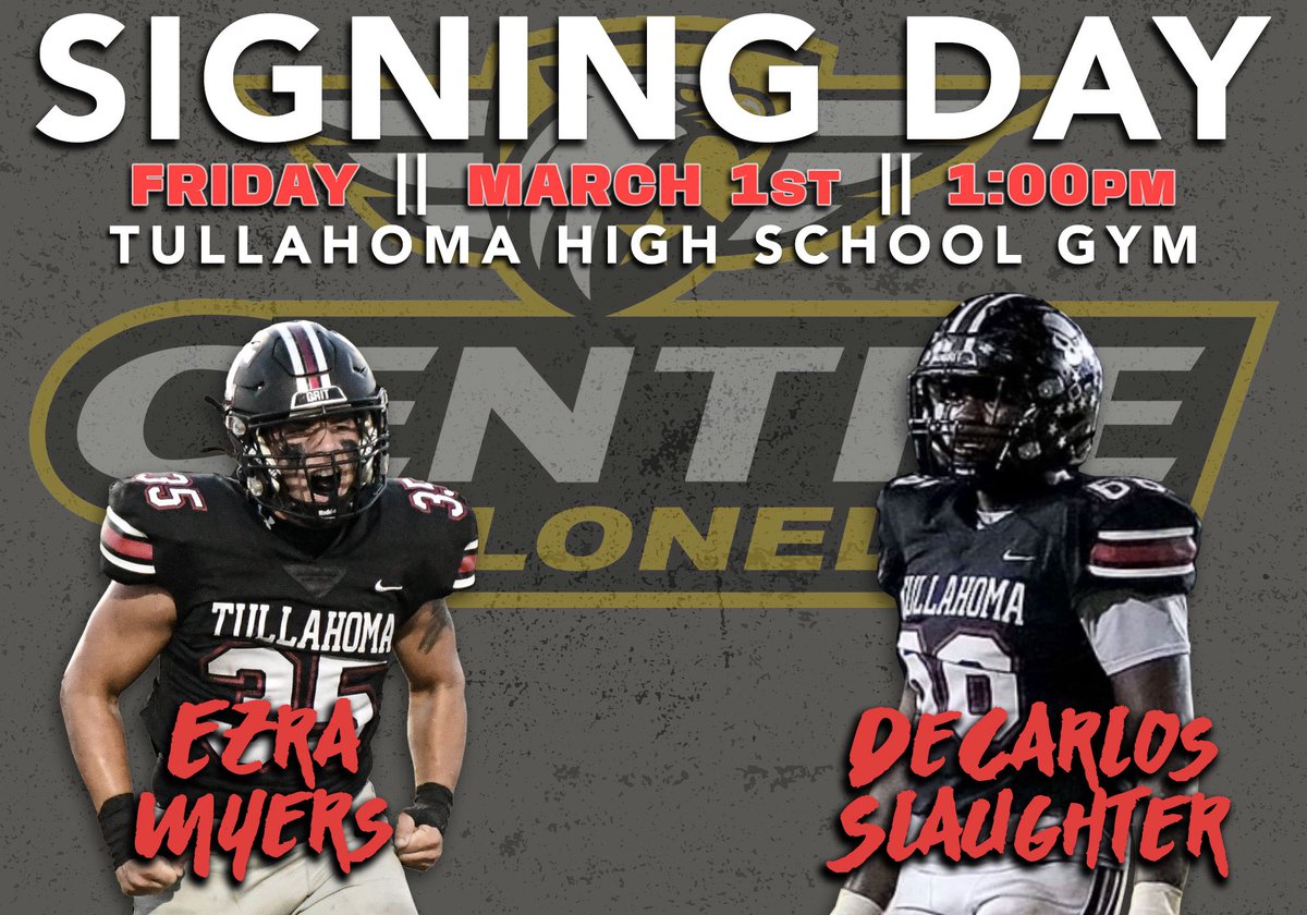 I will be signing tomorrow with @D57Slaughter to @CentreFootball in the Tullahoma High School Gym. @lachendro1 @CoachLash @CoachAndyFrye @CoachGuck @NCEC_Recruiting @NatlPlaymkrsAca @Ttown_FB @caleb_olive @coachhow3