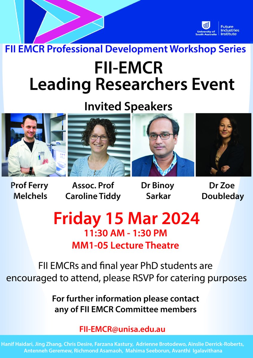 FII-EMCR (@fii_emcr) on Twitter photo We are excited to share our first event of 2024 tailored to all #EMCRs and final-year #PhD students to learn #academic career transitions and #leadership from these great research leaders. Further details are in the flyer.
<a href="/UniSAFII/">UniSA Future Industries Institute</a> #EMCRworkshops We are excited to share our first event of 2024 tailored to all #EMCRs and final-year #PhD students to learn #academic career transitions and #leadership from these great research leaders. Further details are in the flyer.
<a href="/UniSAFII/">UniSA Future Industries Institute</a> #EMCRworkshops