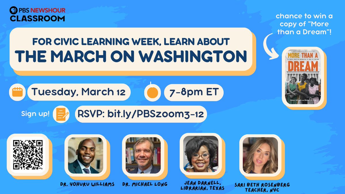 EDUCATORS📢 Did you know that #CivicLearningWeek is coming up? Join this inspiring conversation w/ guests @YohuruWilliams & Michael G. Long & hosts @saribethrose @awakenlibrarian on PBS @NewsHour Classroom! RSVP: bit.ly/PBSzoom3-12 | #sschat #apush #apgov #edchat #civxnow