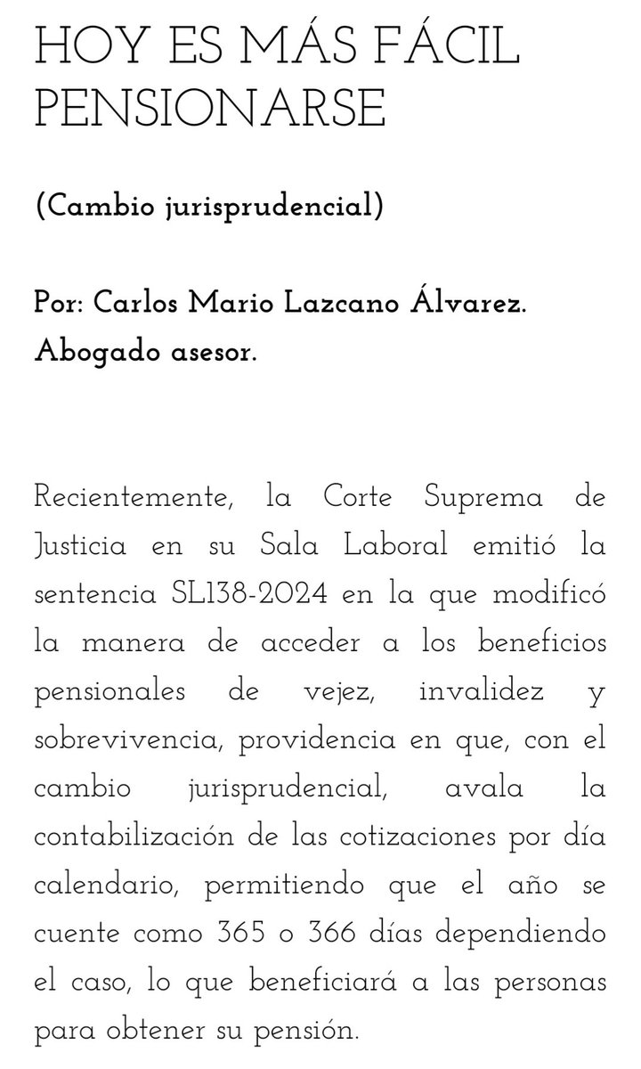 Apreciados lectores los invitamos a leer la columna del abogado Carlos Mario Lazcano Alvarez titulada:

Hoy es más fácil pensionarse. 👇🏻

columna7.com/post/hoy-es-má…
