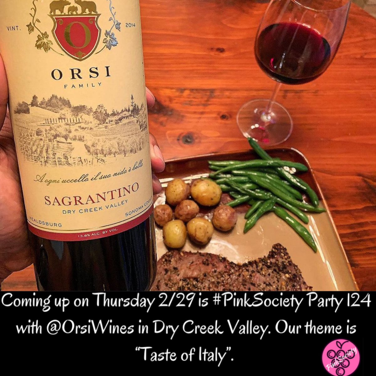 Coming up in an hour is our #TasteofItaly #PinkSociety Party with @orsiwines from @drycreekvalle. Come hang out with the cool kids at 6pm PT/9pm ET. Bring a friend. @boozychef @jflorez @AskRobY @KhanaMadeEasy @Be_U_Nique00 @LadyCWine @winedivaa @Wine4Frida @bobstelling