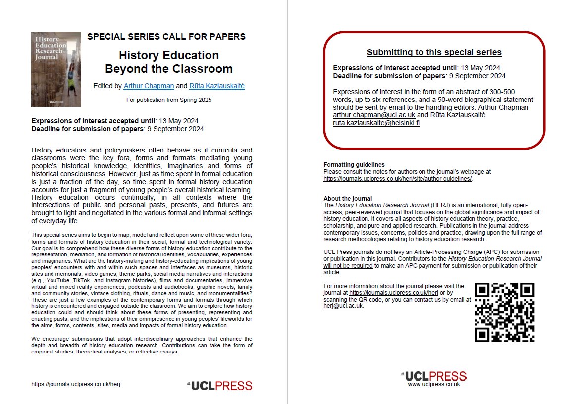 History education researchers! @HERJ_Journal has a call for a special issue on history education beyond the classroom. Consider submitting your relevant work! See below.