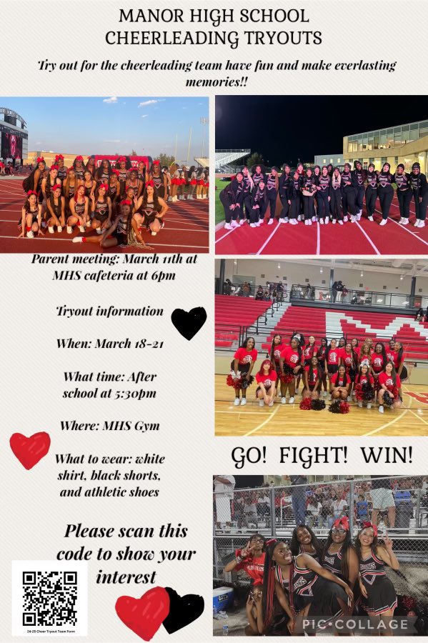ManorCheer's tweet image. CHEER TRYOUTS ARE COMING UP FOR 2024-2025!!! Don’t miss out, see y’all there !!❤️🖤Information below 👇 
#tryouts #manorpride