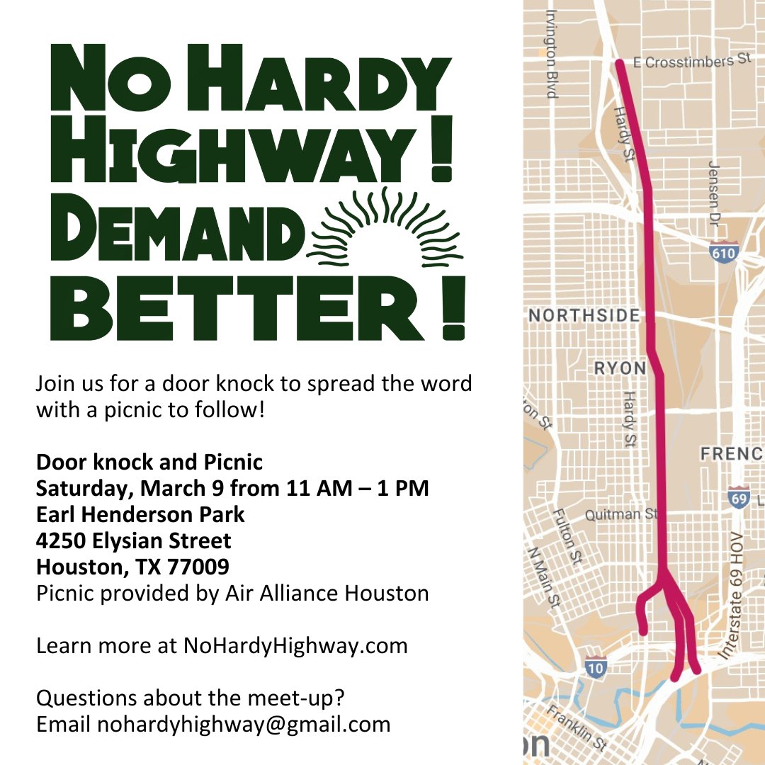 🚫 🛣️ SAY NO TO HARDY HIGHWAY

Join us for a neighborhood door-knock followed by a community picnic.
Be a part of a better future for Near Northside!
nohardyhighway.com

#NoHardyHighway #DontPaveOverUs #MultiModalTransportation #Houston #SpaghettiBowl 🚫 🛣️
