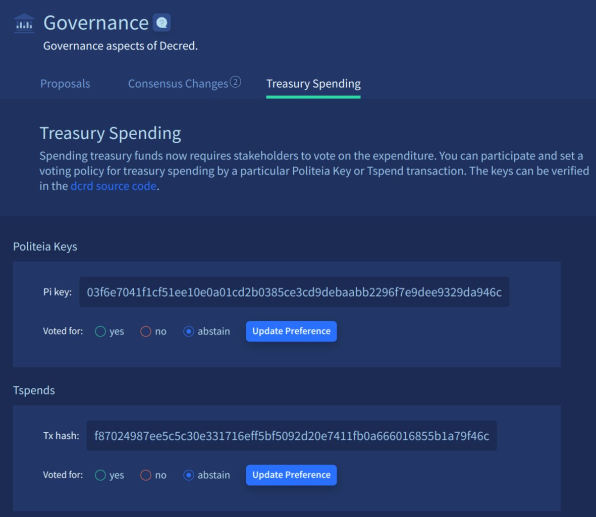 Attention, Decred stakeholders! 💰 - A wild TSpend has appeared! 🗳️ - You can vote on the most recent Treasury spend transaction right from your wallets in the Governance tab. 🏦 - You can choose to approve this and all future TSpends by updating your voting preference for the