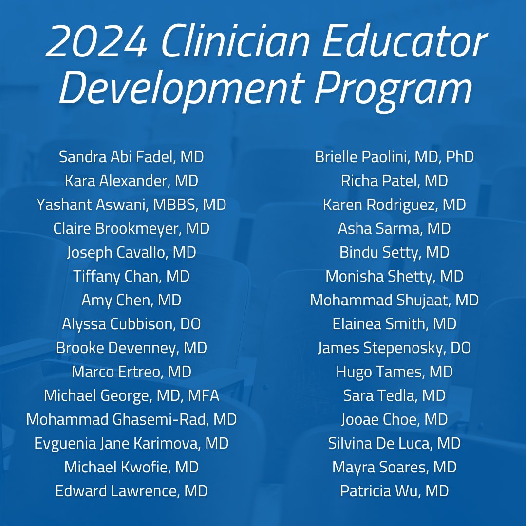 Congratulations to those selected for the 2024 Clinician Educator Development Program! The record-breaking applicant pool included many highly-qualified individuals. This cohort will receive a stipend to attend the workshop held on May 4 during the ARRS Annual Meeting.