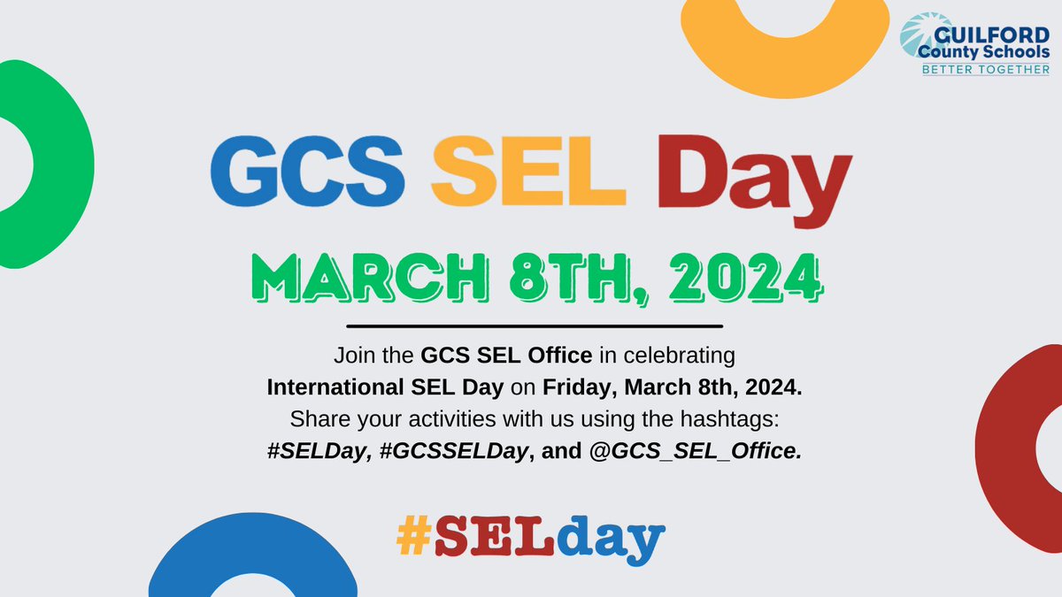 GCS_SEL_Office's tweet photo. Next Friday is #SELDay! Join us on March 8th as we showcase SEL in @GCSchoolsNC! Tomorrow is the last day for our SEL Day Contest entry. Can't wait to celebrate with you! #GCSSELDay #SELDay https://t.co/Gd9Oi1sA4F