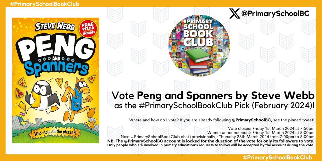 HOLY UNDERPANTS! Peng and Spanners have been included in the #PrimarySchoolBookClub February 2024 vote this evening.

Oh my days, votey votey! winner winner pizza dinner!! 
Head to @PrimarySchoolBC and vote for it using the pinned tweet!
 @UnitedAgents @FaberChildrens