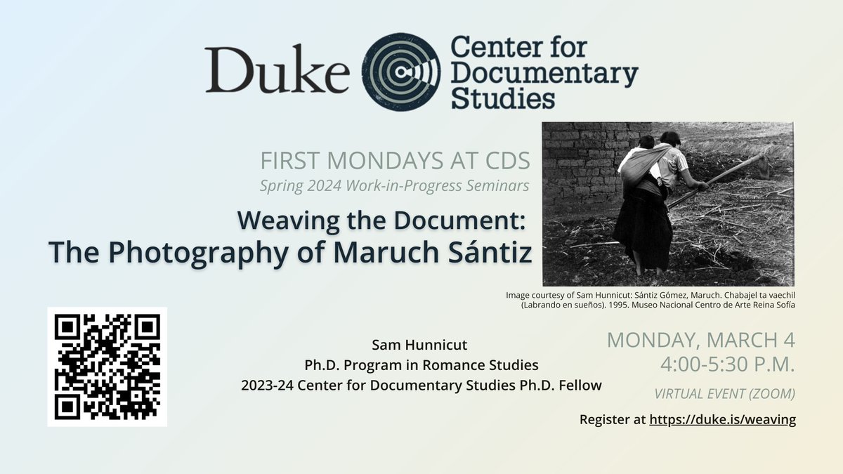 Center for Documentary Studies (@cdsduke) on Twitter photo On Monday 3/4, we're hosting an online talk by CDS Ph.D. Fellow Sam Hunnicut on the photography of Maruch Sántiz. Learn about the work of this Indigenous Tsotsil Maya artist from Chiapas, Mexico. duke.is/first-mondays On Monday 3/4, we're hosting an online talk by CDS Ph.D. Fellow Sam Hunnicut on the photography of Maruch Sántiz. Learn about the work of this Indigenous Tsotsil Maya artist from Chiapas, Mexico. duke.is/first-mondays