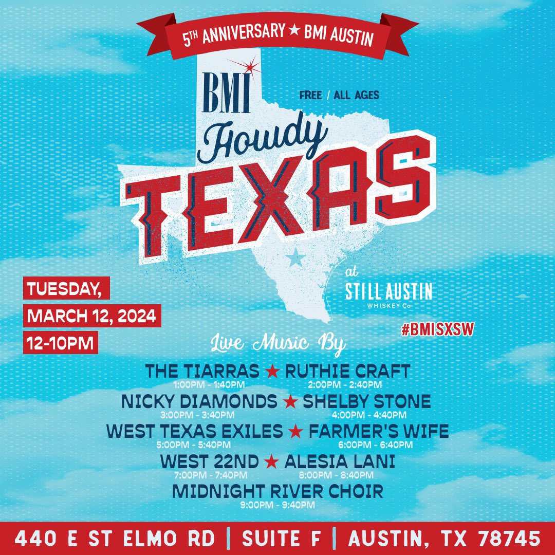 Who’s going to <a href="/SXSW/">SXSW</a>?! Check us out at <a href="/BMI/">Broadcast Music Inc.</a>’s Howdy Texas Showcase this year. 🤘🏽😝 
Click the link for all the deets: bmi.com/stages/sxsw2024 #BMISXSW 
Thank you to our supporter <a href="/austinmusicmvmt/">Austin Music Movement</a> 🦋✨