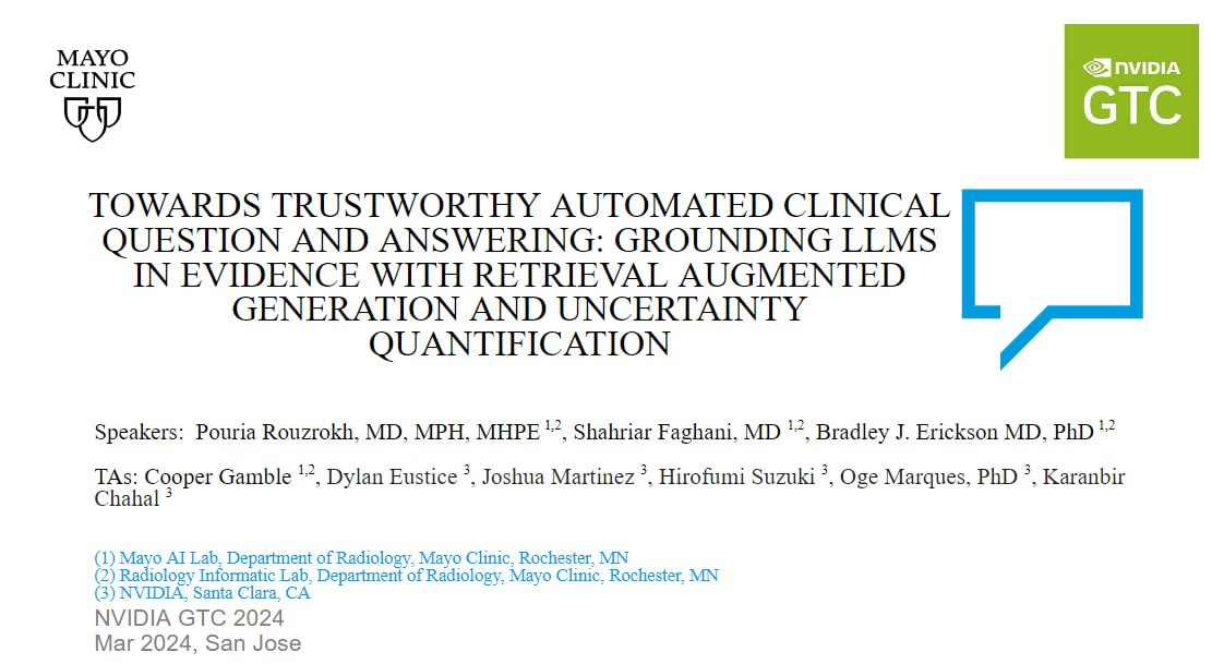 PRouzrokh's tweet image. On March 20th, @ShahriarFaghani and I will present a workshop on trustworthy retrieval augmented generation with #LLMs and #ConformalPrediction in medicine. The DLI will take place during the @NVIDIAGTC 2024 in San Jose, CA. Looking forward to meet you all!
@MayoAILab @Slowvak