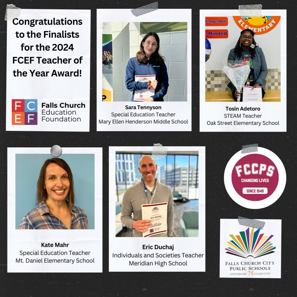 Congratulations to the School Finalists for @FCEFoundation Teacher of the Year Award! Eric Duchaj, Sara Tennyson, Tosin Adetoro & Kate Mahr @STEAManist @mrduchaj @Ms10yson @Mrs_Mahr @meridianmstangs @mahms
