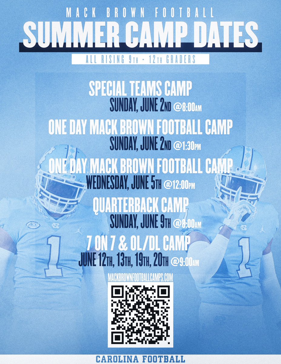 🚨SUMMER CAMP REGISTRATION🚨 Mack Brown Football Camp registration opens on Friday, March 1 at 8 am. Make sure to reserve your spot before the camps fill up. 🔗 mackbrownfootballcamps.com #CarolinaFootball 🏈 #UNCommon