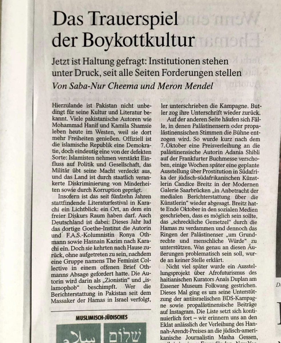 sabanurcheema's tweet photo. Der Druck von Politik u.Aktivisten auf Kunst-&amp;Kultureinrichtungen ist nicht nur eine Gefahr für die Institutionen, sondern für die Demokratie. Deshalb gilt es, jede Boykottforderung -egal von welcher Seite- abzulehnen. 
Unsere @faznet Kolumne @MeronMendel 
https://t.co/bBajn0iPH9 https://t.co/EQ7iPl0JQU