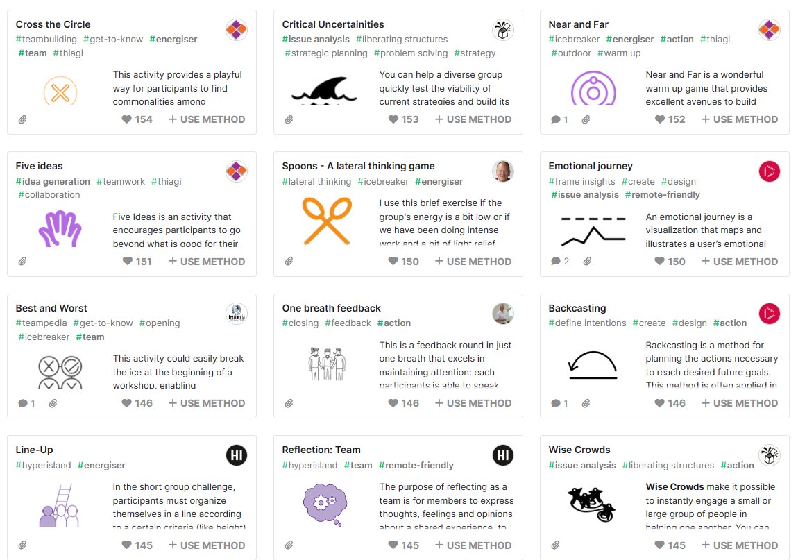 The most comprehensive set of facilitation techniques is available free to view on the @SessionLab library. There are 1,200 different techniques on there. You can sort/filter them by type (idea generation, issue analysis, issue resolution etc), by how many people & by duration. I