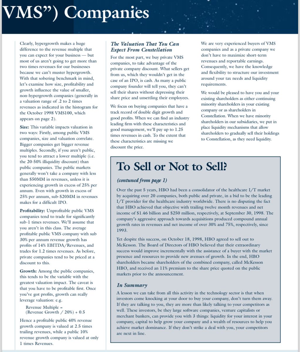 NotMarkLeonard's tweet photo. As @Speedwell_LLC mentions in the podcast on $CSU.TO Leonard 🧙‍♂️ wrote a quarterly newsletter 📰 it was called Opportunity Above All - Tracking the Vertical Market Software Industry. 
👀Here is the first edition - 4th Quarter 1998 - “To Sell or Not to Sell - Valuing VMS Companies https://t.co/lf3fSoeGKP