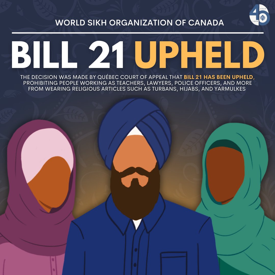 WorldSikhOrg's tweet photo. The WSO is deeply disappointed by the decision of the Court of Appeal of Quebec largely upholding Bill 21, Quebec's controversial secularism law. The WSO and Quebec educator Amrit Kaur were appellants in this case. Bill 21 prohibits public sector workers in positions of authority from wearing religious symbols or articles of faith such as dastaars (turbans) , hijabs, and kippahs. 

The WSO legal team is reviewing the judgment and we are committed to pursuing all avenues to challenge this law including by appealing to the Supreme Court of Canada. This is a fight for fundamental human rights and we will continue until all Quebecers are treated equally and free to practice their faith without fear of discrimination."

See our press release for more details at https://t.co/fSrtARUkhS

#Bill21 #WSO
