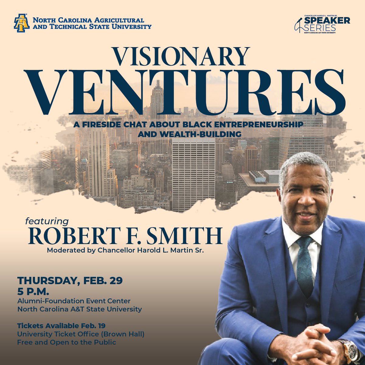 We’re excited to welcome Mr. Robert F. Smith today for the Chancellor’s Speaker Series: Visionary Ventures. #NCAT, who’s ready?