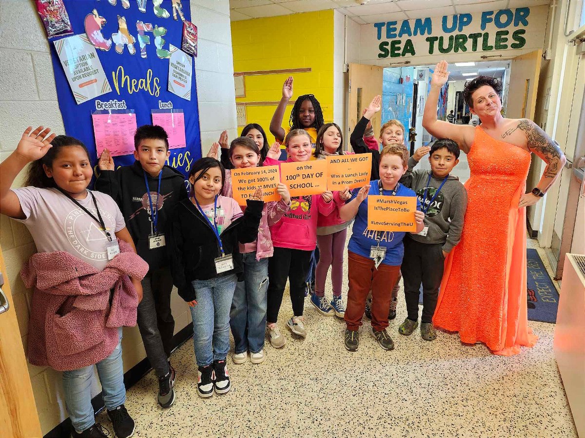 On the 100th day of school, 100% of the students at @MarshvilleESNC ate school lunch!  What did the 5th grade class want as a 'reward' for reaching this goal? The lunch lady to wear an orange prom dress! #loveservingtheu #100days #schoollunch @ucpsnc @aghoulihan @coolonmoore