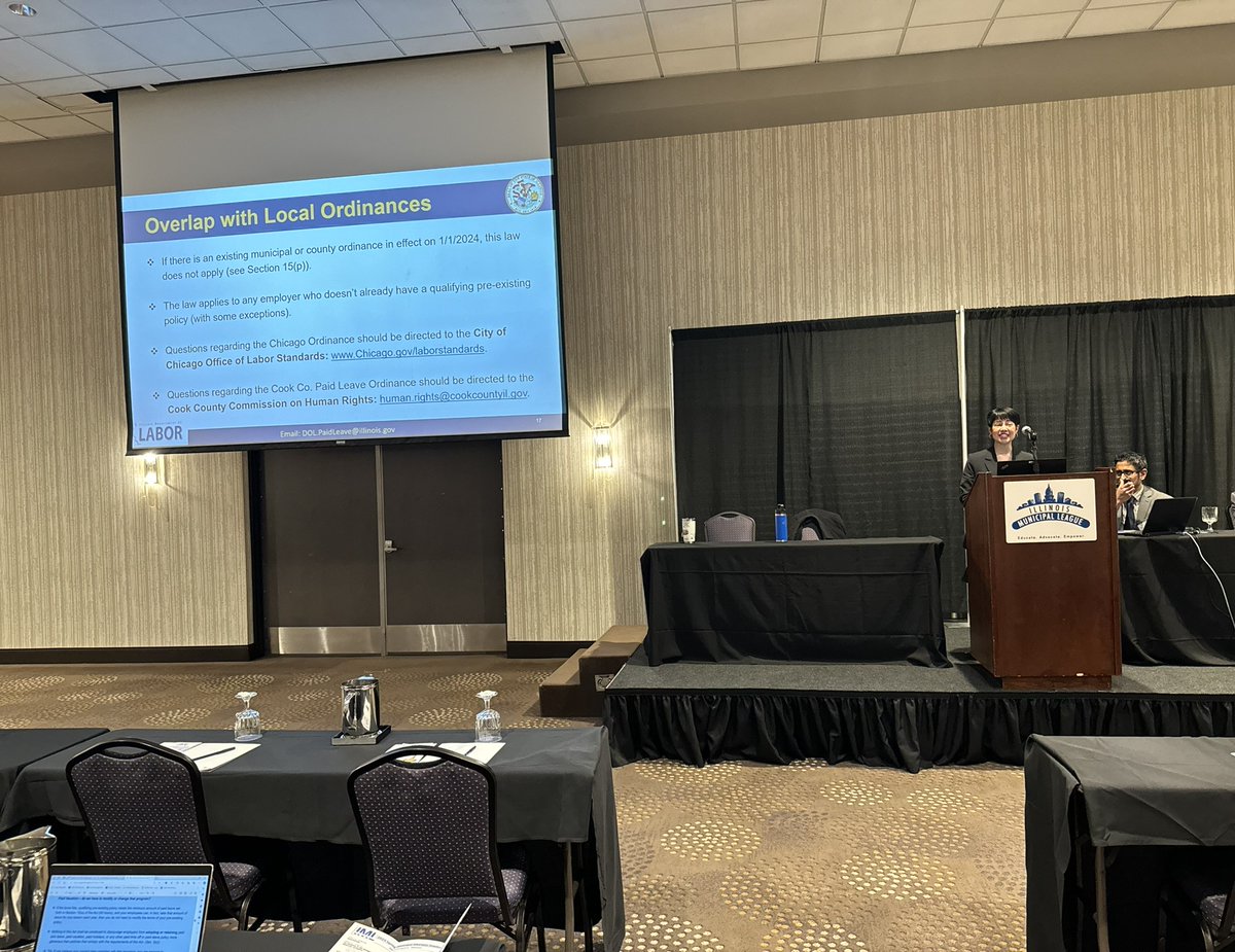 IMLLeague's tweet photo. Another seminar session is underway during the @IMLLeague's 2024 Spring Municipal Attorneys Seminar. Leave Rights Division Manager @LCMerchantEsq, and Deputy General Counsel Ganapathi Ramaswamy from @ILDeptofLabor presented on the Paid Leave for All Workers Act.  #IML #twill https://t.co/nM0HWbvM2v
