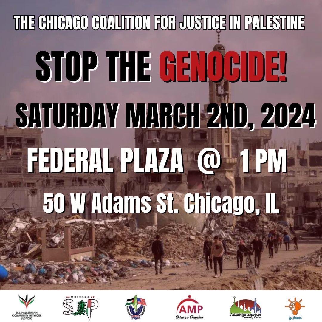 CHICAGO: We must continue to protest bc Israel is still committing massacres. They are massacring Palestinians waiting for food. Babies and children are dying of starvation in front of our eyes! 145+ days of genocide. See you all at Federal Plaza on Saturday at 1 PM! #Gaza