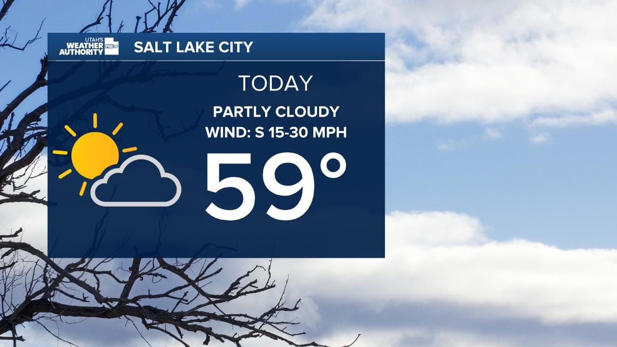 DanPopeWeather's tweet photo. Nice, Warm, & Windy Today
Highs in the upper 50s to lower 60s, with strong gusty southerly winds today & tomorrow. A strong storm will hit on Saturday & Sunday. Be prepared for winter driving conditions & accumulating snow, & much colder temperatures. @fox13 #weathercaster #utwx https://t.co/zT05EEgRGF