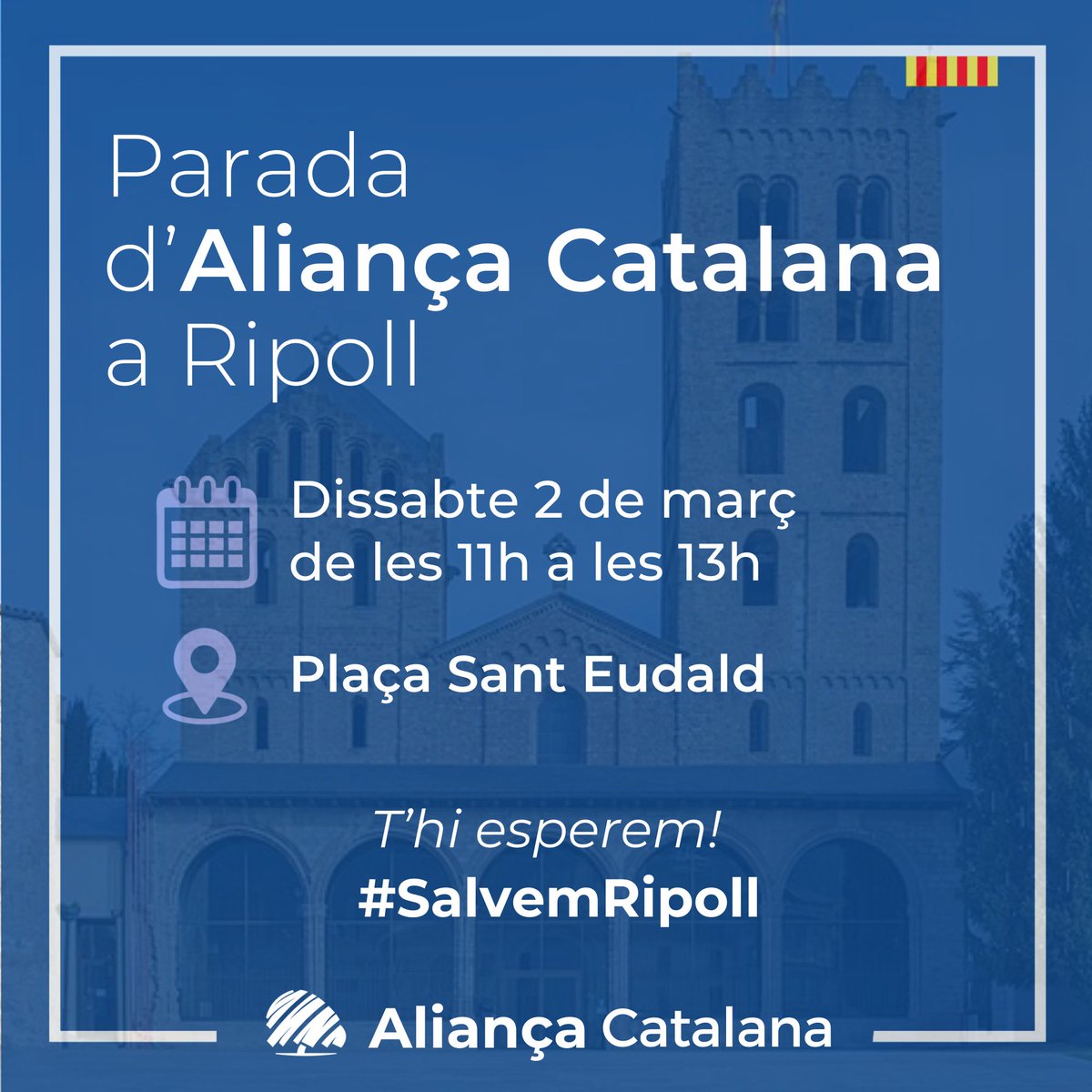 Aquest dissabte ens podreu trobar a la Plaça Sant Eudald de #Ripoll i al Passeig de l'Església de #Begues. Amb la parada de Begues, aterrem al Baix Llobregat. Us hi esperem!
💙 #SalvemCatalunya