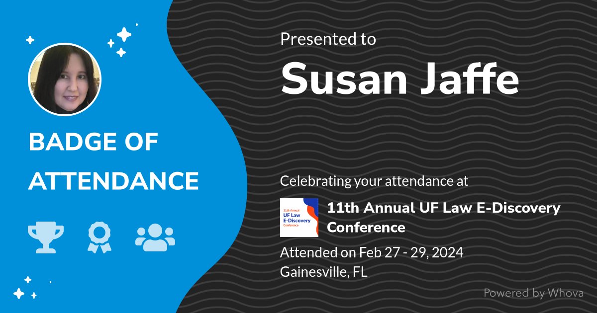 🎉 Just had an incredible experience attending 11th Annual UF Law E-Discovery Conference! 🎉 <a href="/UFLawEDISCOVERY/">UFLaw E-Discovery</a> #UFEDISCO24 #ediscovery #legalAI #legaltech - via #Whova event app