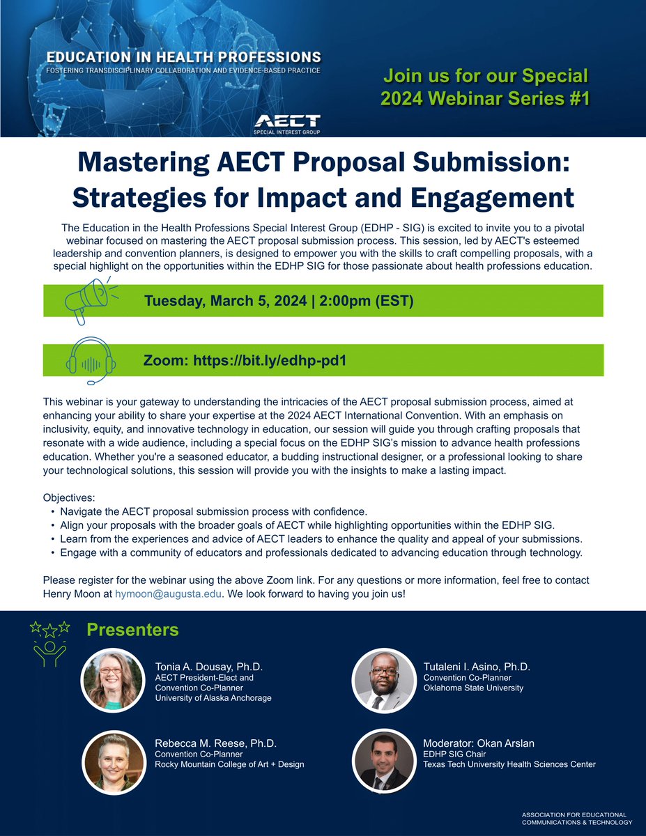 Master the AECT proposal submission process! Join us for a webinar led by AECT's convention planners. They will also highlight opportunities within the EDHP SIG for those passionate about health professions education.

Tues., March 5, 2 pm (EST)
Register: bit.ly/edhp-pd1