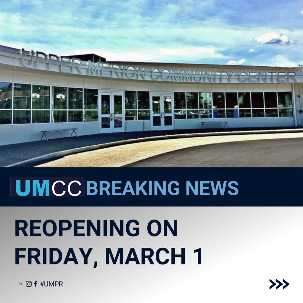 UMParksnRec's tweet image. All of the proper utility repairs have been completed. Upper Merion Community Center will resume normal operating hours and reopen to the public on Friday, March 1. Thank you for your patience and understanding as the safety of our residents and visitors is always our main focus.