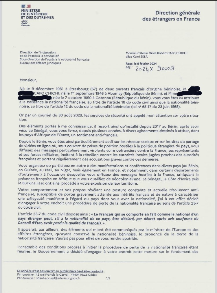 #France 🇫🇷

Kemi Seba, franco-béninois, réputé pour ses prises de position contre la France ainsi que ses liens avec le groupe Wagner dans la désinformation en Afrique Subsharienne, pourrait se voir déchu de la nationalité française. Une procédure est actuellement en cours.