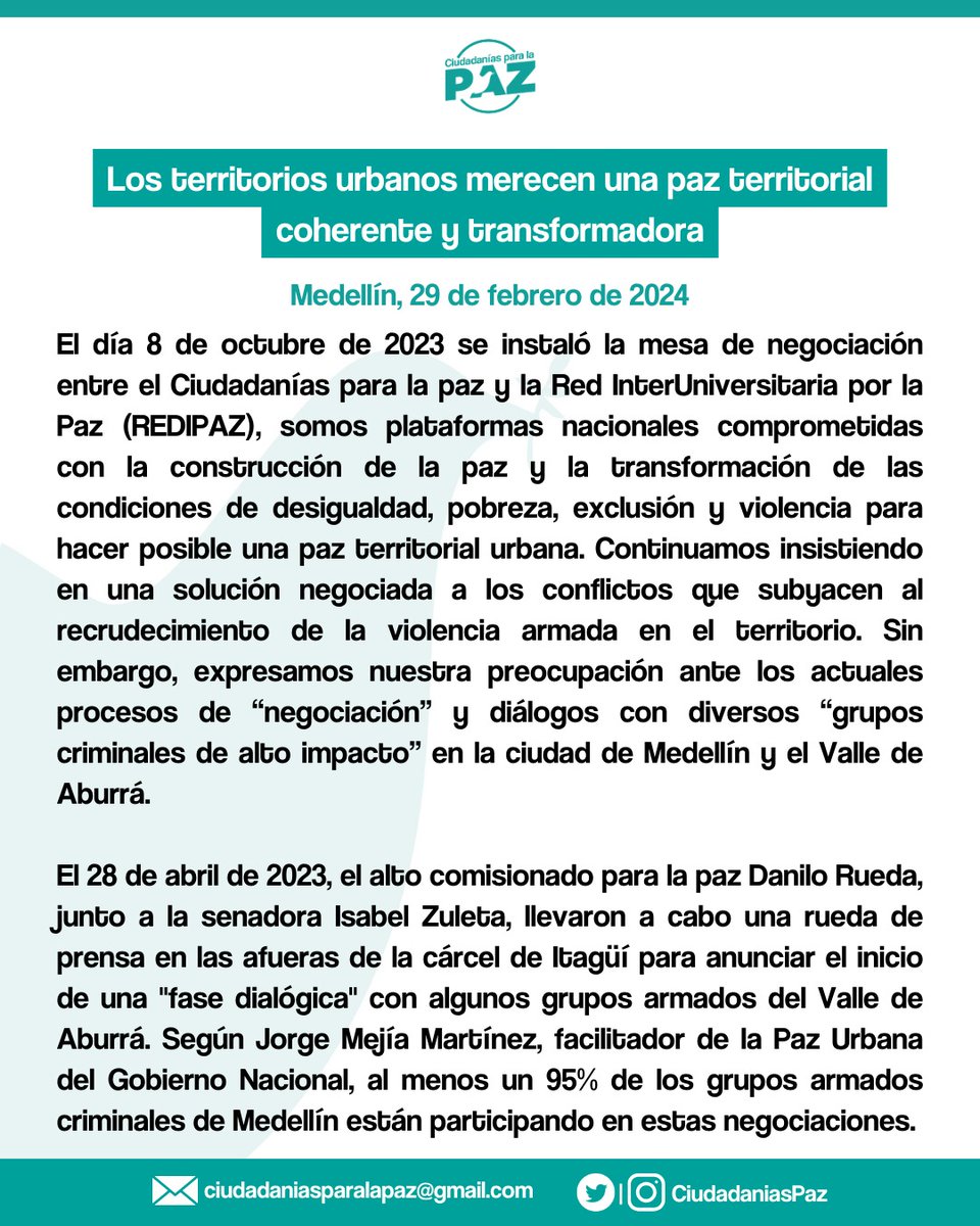 🧶 1/3 ¡Los territorios urbanos merecen una paz territorial coherente y transformadora! ❤️‍🔥

Ciudadanías para la paz se pronuncia en la Asamblea Ciudadana: Paz Urbana para Medellín y el Área Metropolitana.