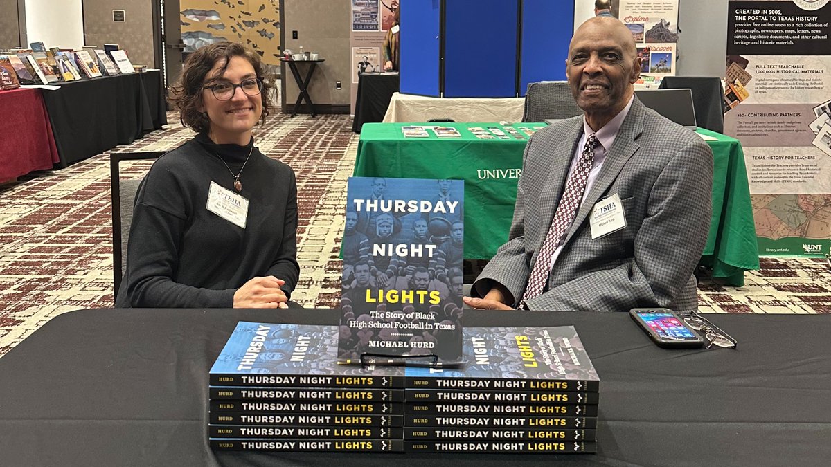 UTexasPress's tweet image. If you're at the @TxStHistAssoc meeting, head to the cocktail social and book signing to get your copy of #ThursdayNightLights by Dr. Michael Hurd signed by the author!

Head to the Century Ballroom to meet our Acquisitions Editor Sarah McGavick and Dr. Hurd! #TXHSFB! #PVAMU
