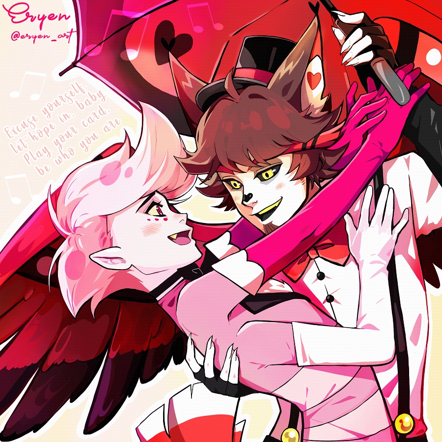 Eryenart's tweet photo. A loser, but just maybe if we eat shit together, things will end up differently ❤️ #HazbinHotel #huskerdust #HazbinHotelFanart #husk #angeldust #angeldustxhusk https://t.co/RX5E0u7Cbe