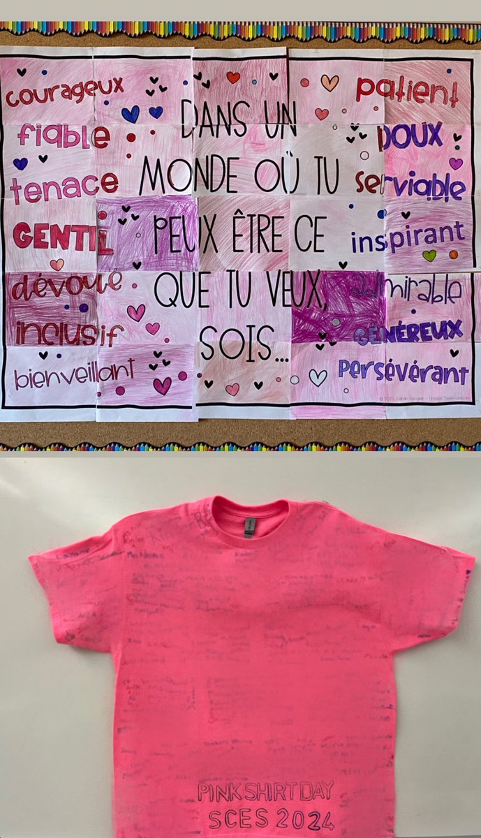 Sawmill knows how to be kind, especially yesterday on Pink Shirt Day! Students all signed a pink shirt to show our commitment to being a buddy, not a bully, and our 3EFI class created this beautiful artwork together.
<a href="/SawmillCreekES/">Sawmill Creek</a>