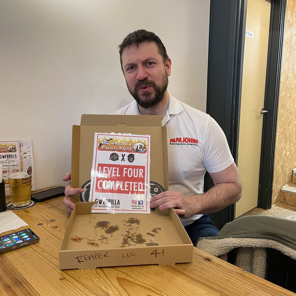 Guerrilla NN (@beer_guerrilla) on Twitter photo Well done to Tab from <a href="/PapaJohnsUK/">Papa Johns UK</a> who has completed LEVEL 4 of our Reaper Pizza Challenge. Finishing his pizza loaded with Carolina Reaper Hot Sauce & a WHOLE Carolina Reaper Chilli 🍕🌶️ 🔥🌶️🍕 Well done to Tab from <a href="/PapaJohnsUK/">Papa Johns UK</a> who has completed LEVEL 4 of our Reaper Pizza Challenge. Finishing his pizza loaded with Carolina Reaper Hot Sauce & a WHOLE Carolina Reaper Chilli 🍕🌶️ 🔥🌶️🍕