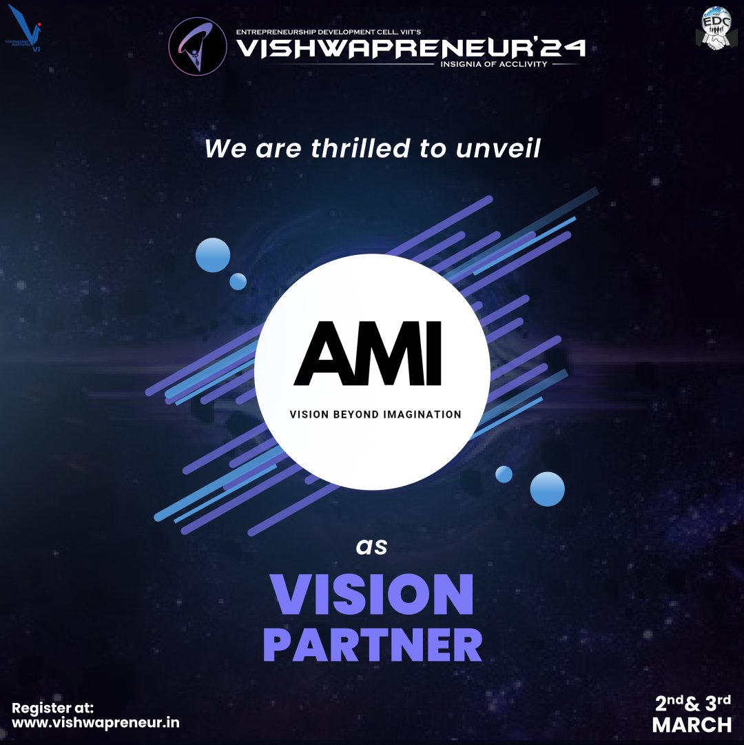 edcvit's tweet photo. The Insignia Whispers "We are delighted to reveal our Vision Partner for Vishwapreneur'24, AMI @custom_drones."
Do Register Now
#edcviit #esummit #Entrepreneurship #vp24 #vishwapreneur #startup #innovation https://t.co/vuDS5nOSDX