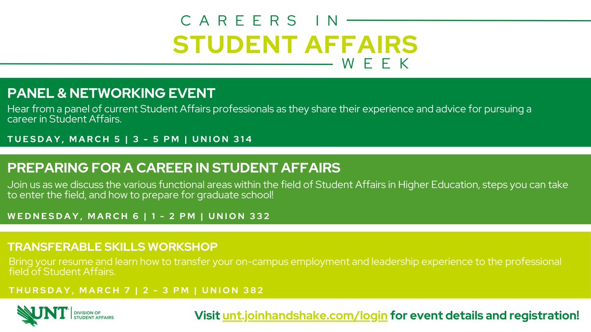 Join us for Careers in Student Affairs Week, March 5 - 7. Hear from professionals in the field, network with #UNT staff and learn what it takes to pursue a career in #StudentAffairs. Search for the events at unt.joinhandshake.com/login for event details and registration. #HigherEd